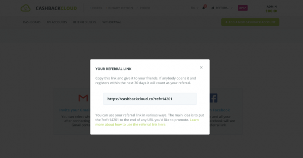 Referral link on Cashbackcloud